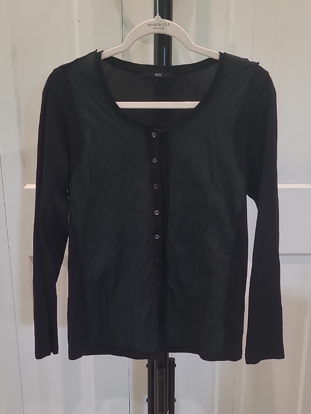 Black Long-Sleeve Button Front Top by BOSS- Cotton And Silk